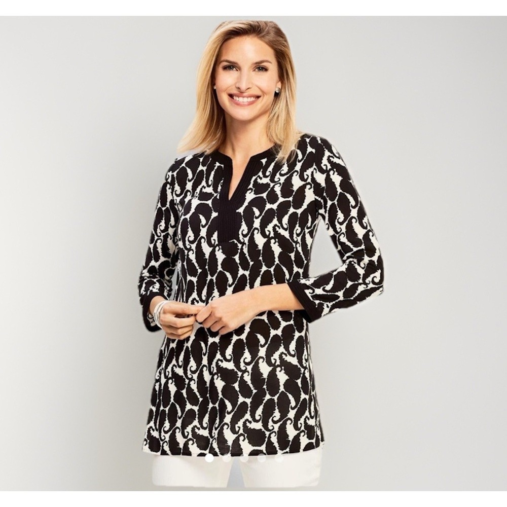 5/25 Talbots Black White Paisley‎ Rayon 3/4 Sleeve V-neck MED Blouse Tunic Top